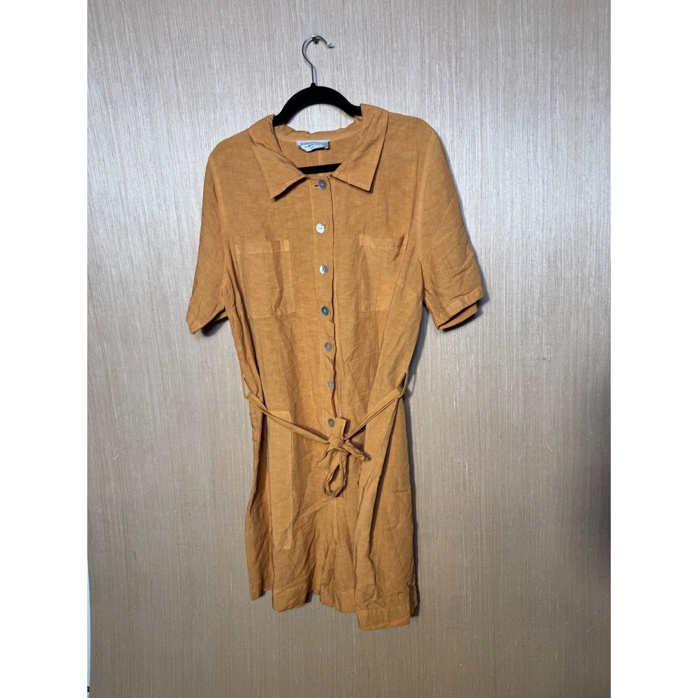 Haris Cotton Linen Blend Short Sleeve Button Down Belted Romper Mustard L